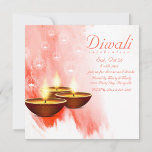 Invitation Aquarelle rouge Diwali avec Diyas
