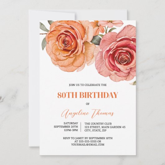 Invitation Aquarelle Rouge Et Rose Orange Floral Anniversaire (Devant)