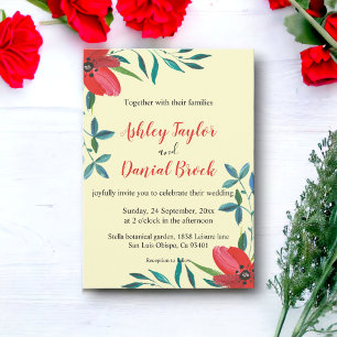 Invitation Aquarelle rouge Fleur sauvage vert Mariage floral