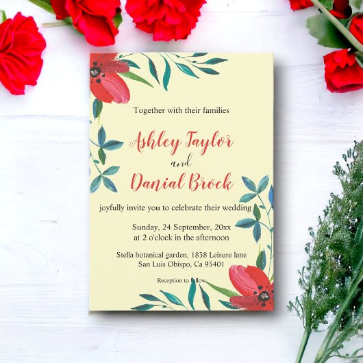 Invitation Aquarelle rouge Fleur sauvage vert Mariage floral