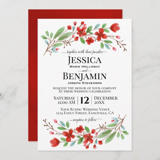 Invitation Aquarelle rouge fleurit Elegant Boho Chic Mariage (Devant / Derrière)