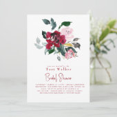 Invitation Aquarelle Rouge Floral B/W Fête des mariées photo (Debout devant)