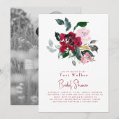 Invitation Aquarelle Rouge Floral B/W Fête des mariées photo (Devant / Derrière)