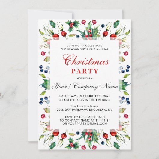 Invitation Aquarelle Rouge Holly Berry Noël (Devant)