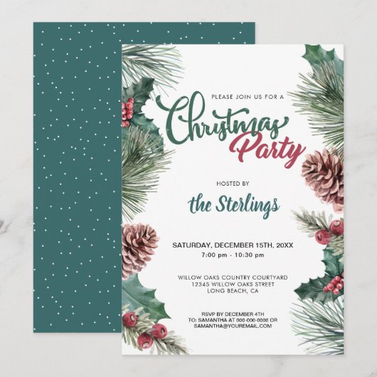Invitation Aquarelle Rouge Holly Pine Bordure Noël (Devant / Derrière)