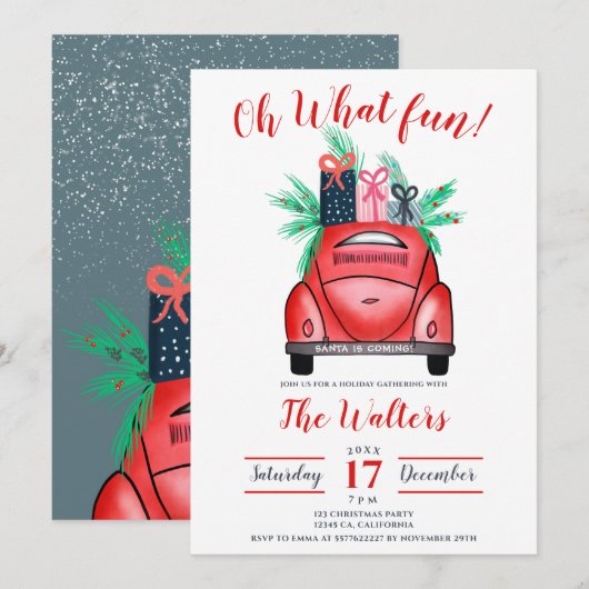 Invitation Aquarelle rouge Illustration de voiture Noël (Devant / Derrière)