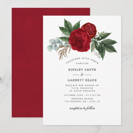 Invitation Aquarelle rouge luxuriante pivoines Mariage blanc (Devant / Derrière)