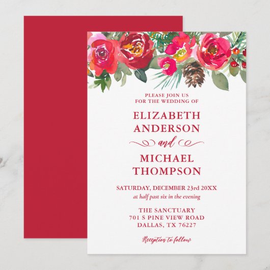 Invitation Aquarelle rouge Noël Floral Mariage d'hiver (Devant / Derrière)