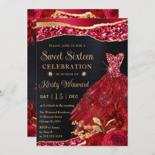 Invitation Aquarelle Rouge & Or Parties scintillant robe Swee (Devant / Derrière)