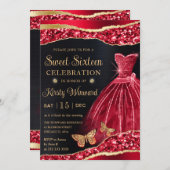 Invitation Aquarelle Rouge & Or Parties scintillant robe Swee (Devant / Derrière)