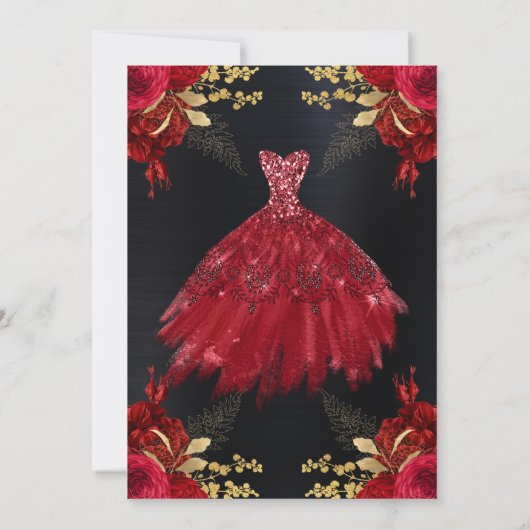 Invitation Aquarelle Rouge & Or Robe Parties scintillant Quin (Dos)
