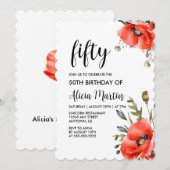 Invitation Aquarelle Rouge Pavot Vert Cinquante Anniversaire (Devant / Derrière)