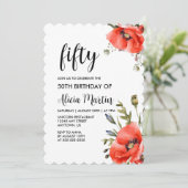 Invitation Aquarelle Rouge Pavot Vert Cinquante Anniversaire (Debout devant)