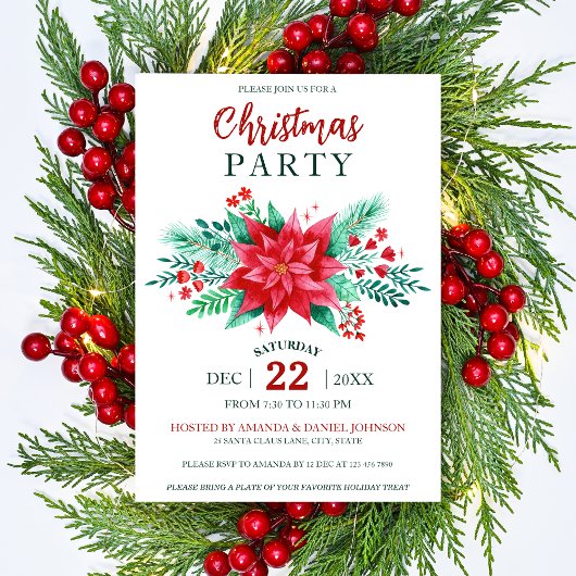 Invitation Aquarelle rouge Poinsettia Fête de Noël Florale