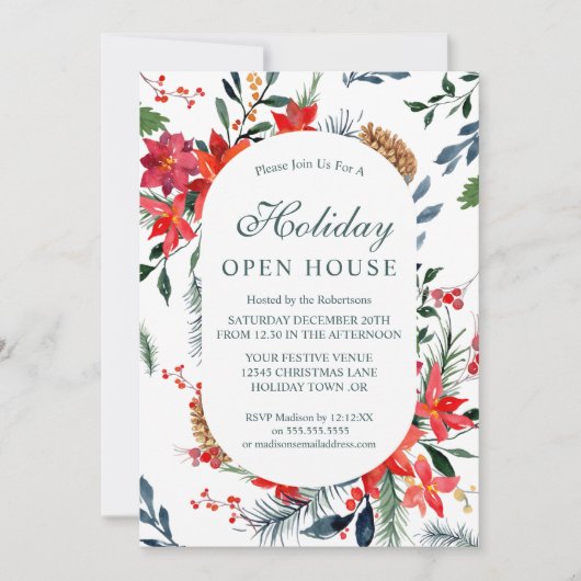Invitation Aquarelle Rouge Poinsettia Holiday Open House (Devant)