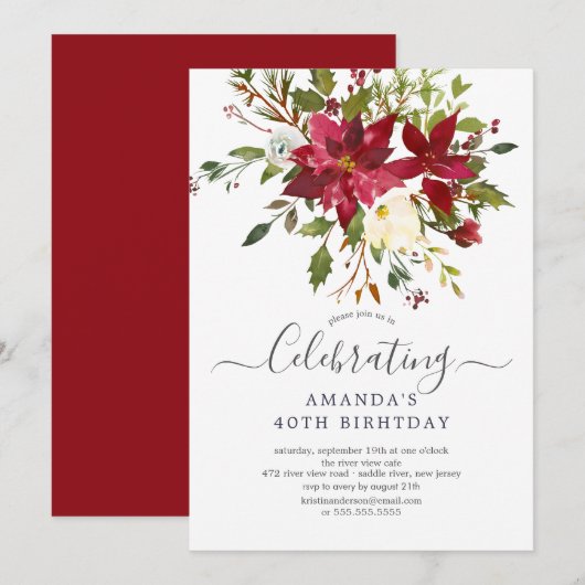 Invitation Aquarelle Rouge Poinsettia Holly Anniversaire (Devant / Derrière)