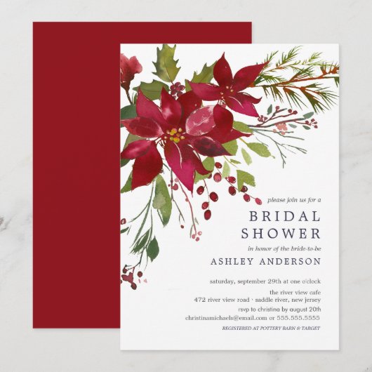 Invitation Aquarelle Rouge Poinsettia Holly Fête des mariées (Devant / Derrière)
