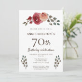 Invitation Aquarelle rouge Rose Floral 70e anniversaire (Debout devant)
