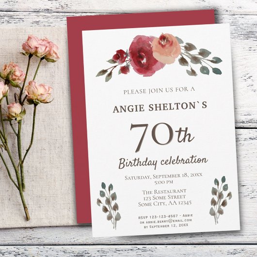 Invitation Aquarelle rouge Rose Floral 70e anniversaire