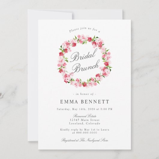 Invitation Aquarelle Rouge rose Floral Wreath Bridal Brunch (Devant)