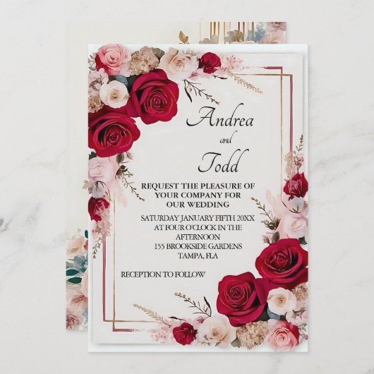 Invitation Aquarelle rouge rose mariage (Devant / Derrière)