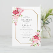 Invitation Aquarelle Rouge rose Roses Mariage cadre or (Debout devant)