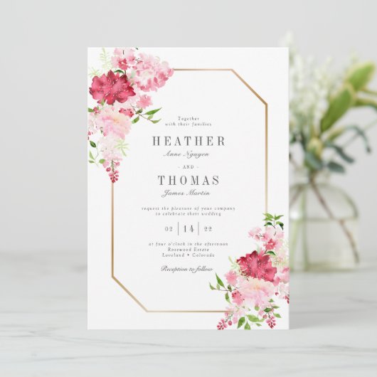 Invitation Aquarelle Rouge rose Roses Mariage cadre or (Debout devant)