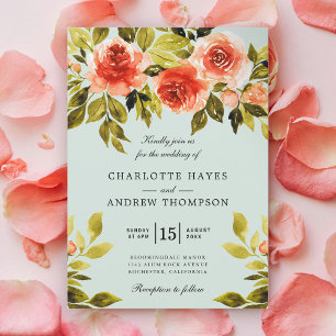 Invitation Aquarelle Rouge Roses Botanique Monnaie Vert Maria