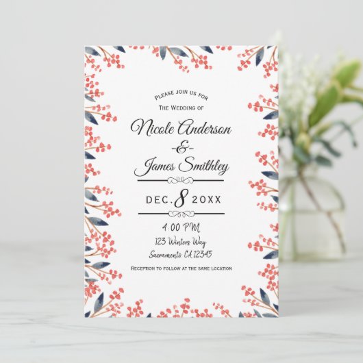 Invitation Aquarelle Rouge Vacances Mariage des baies d'hiver (Debout devant)