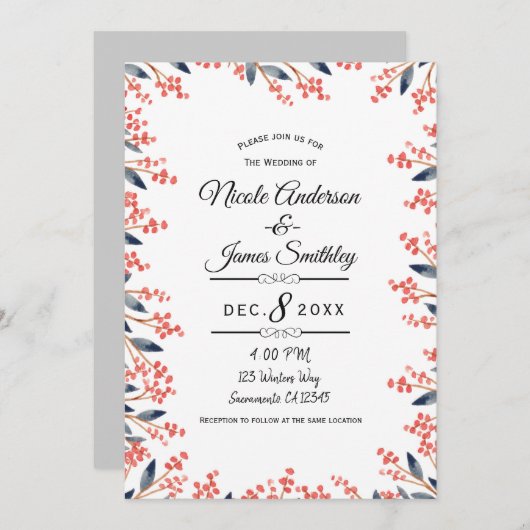 Invitation Aquarelle Rouge Vacances Mariage des baies d'hiver (Devant / Derrière)