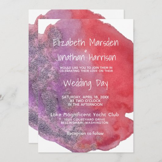 Invitation Aquarelle rouge violet Moderne Mariage élégant (Devant / Derrière)