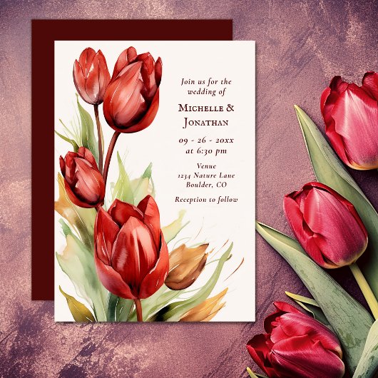 Invitation Aquarelle Rouges Tulipes Mariage Floral
