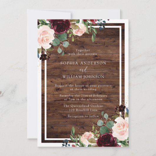 Invitation Aquarelle rousse et bordeaux Mariage en bois rusti (Devant)