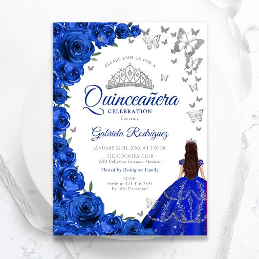 Invitation Aquarelle Royal Bleu Rose Floral Quinceanera