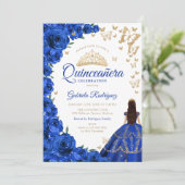 Invitation Aquarelle Royal Bleu Rose Floral Quinceanera (Debout devant)