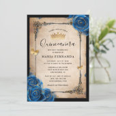 Invitation Aquarelle Royal Blue Gold Elegant Quinceanera (Debout devant)