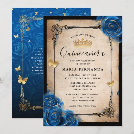 Invitation Aquarelle Royal Blue Gold Elegant Quinceanera (Devant / Derrière)