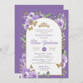 Invitation Aquarelle royale violet Quince à papillon doré (Devant / Derrière)
