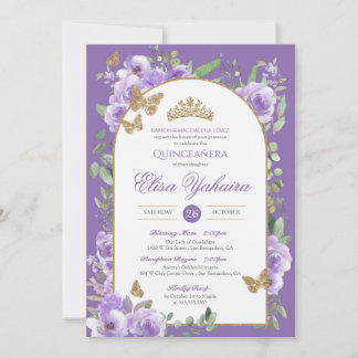 Invitation Aquarelle royale violet Quince à papillon doré