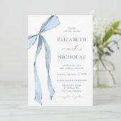 Invitation Aquarelle Ruban Bow Dusty Blue Mariage (Debout devant)