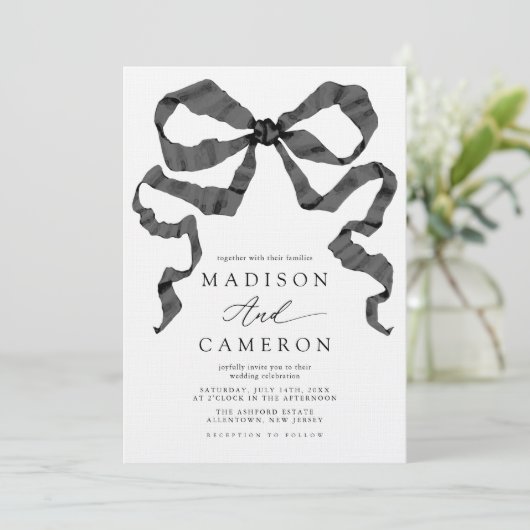 Invitation Aquarelle Ruban Bow noir et blanc Ajusté (Debout devant)