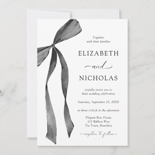 Invitation Aquarelle ruban Bow noir et blanc Mariage (Devant)