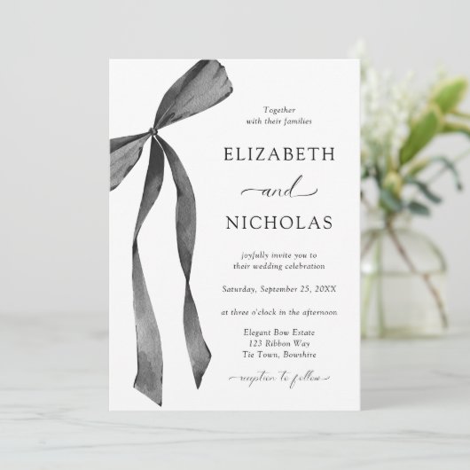 Invitation Aquarelle ruban Bow noir et blanc Mariage (Debout devant)