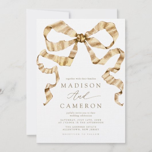 Invitation Aquarelle Ruban Bow or et Mariage blanc (Devant)