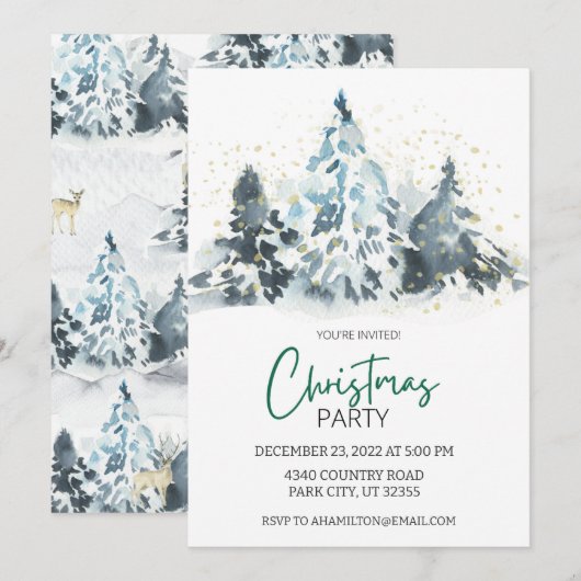 Invitation Aquarelle Russe fête de Noël Deer Forest (Devant / Derrière)