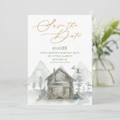 Invitation Aquarelle Rustic Forest Cabine Enregistrer la date (Debout devant)