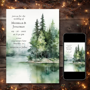 Invitation Aquarelle Rustic Lake Woodland Forest Mariage