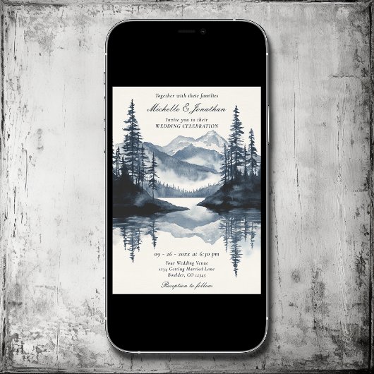 Invitation Aquarelle Rustic Mountain Lake Mariage forestier
