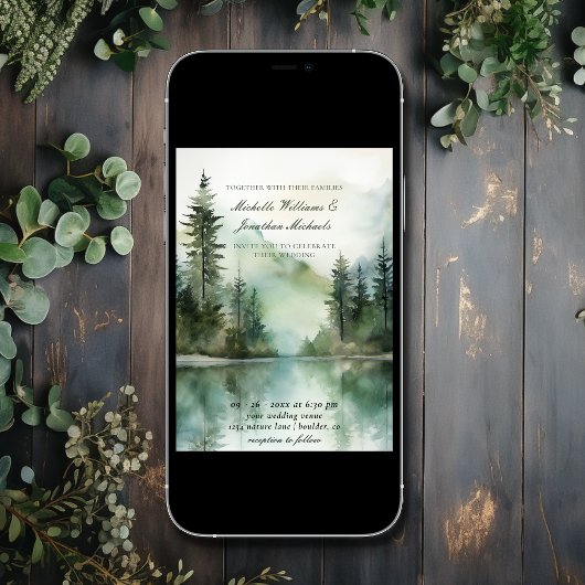 Invitation Aquarelle Rustic Mountain Lake Mariage forestier