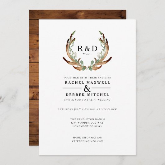 Invitation Aquarelle Rustique Antler | Mariage simple (Devant / Derrière)
